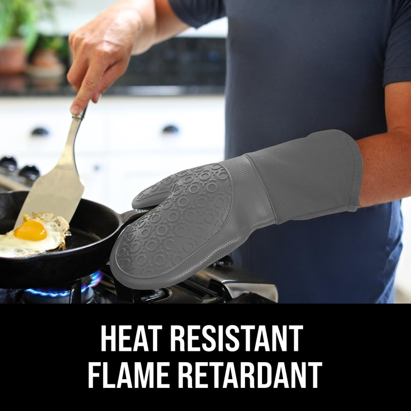HOMWE BPA-Free Soft Silicone Oven Mitts - Ultra Heat Resistant Oven Mitts with Thick Cotton Liner - Long Slip Resistant Pot Holders, Flexible Oven Gloves - Gray 13.7" - Image 3